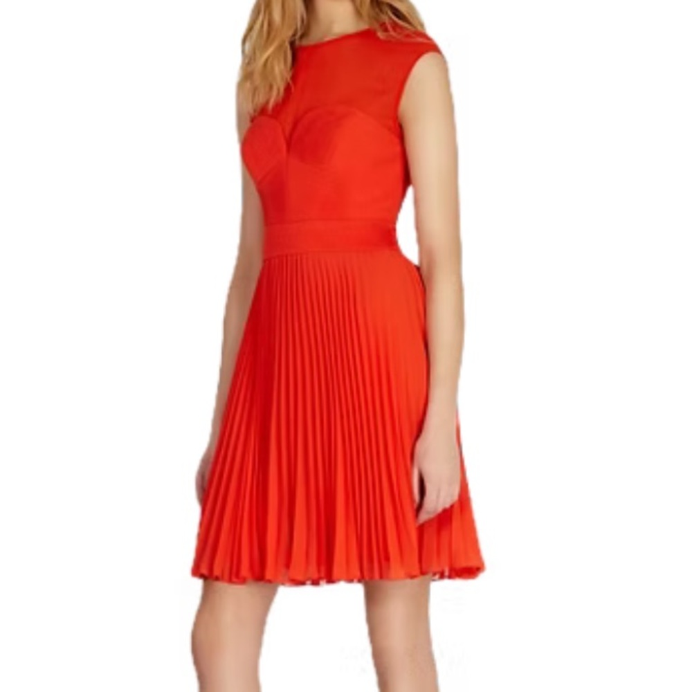 Karen Millen $263 Pleated Fit and Flare Midi Dress Size 2 Orange Silk Party